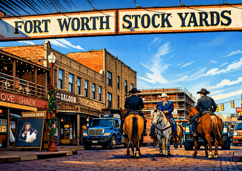 Cartoon image of the busy streets of the Fort Worth, Stock Yards. An iconic tourist attraction honoring cowboy culture. Horses and cars on the roads, restaurants and bars to see. A very good conservative area to buy a home.