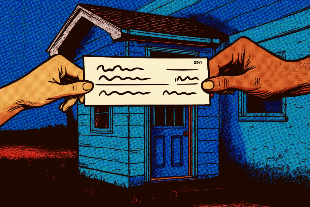 Distressed house is sold to a buyer, handing a check to the homeowner eagerly looking to get rid of the unwanted property.