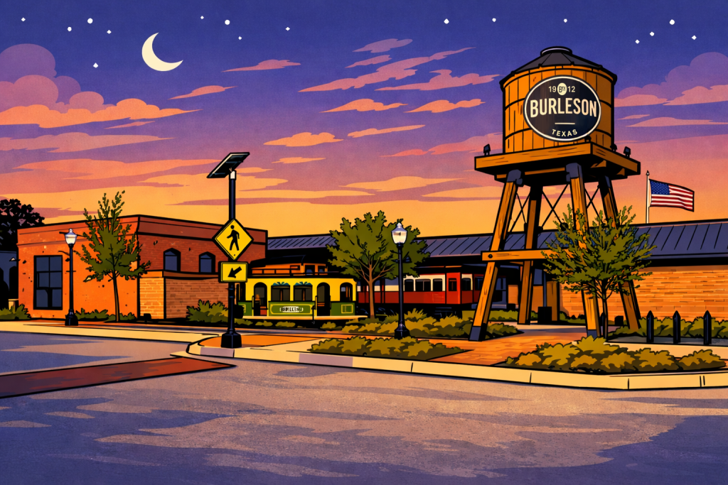 The beautiful downtown of Burleson Texas, a hot spot in Johnson County for buying houses with fast cash.